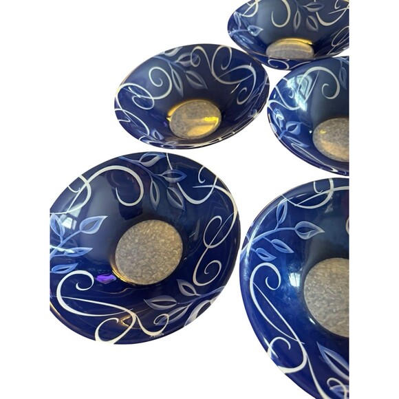 Arcoroc France Salad Bowls Tempered Glass Cobalt Blue Vines Leaves 6.5” Set 8 - Picture 4 of 10